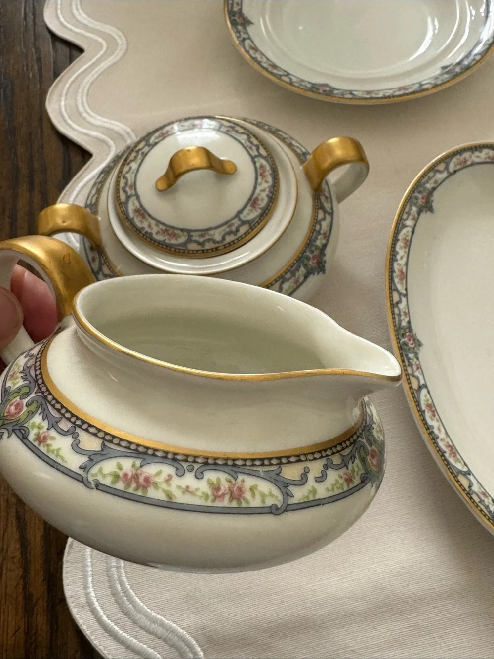 Haviland (Limoges) Troy, Pink Roses, Blue Scrolls:  set off 5 / hand  painted